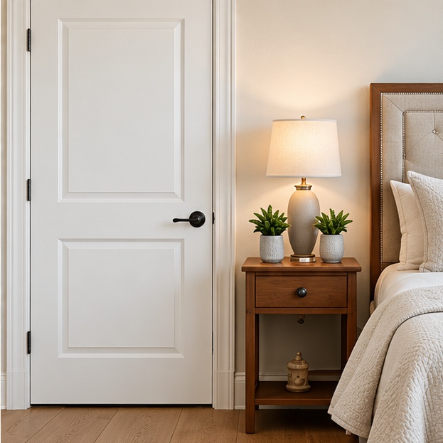 Reference bedroom with white paneled door