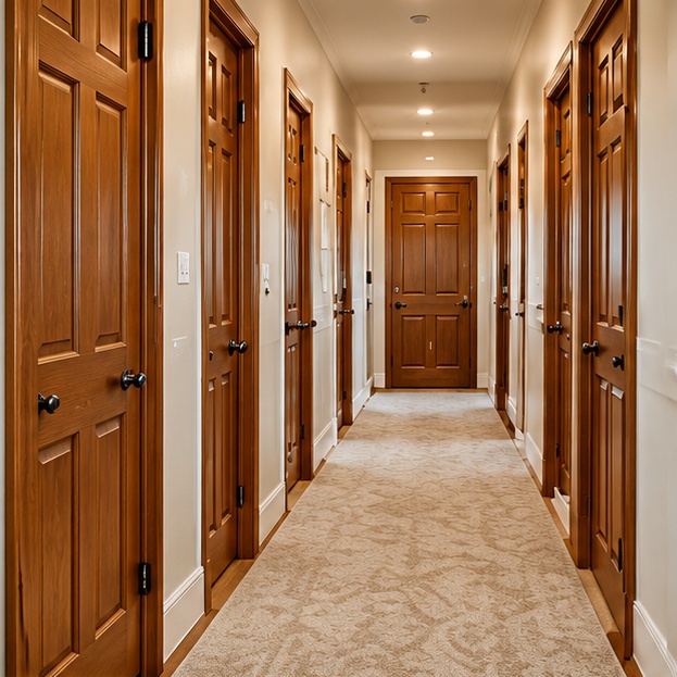 Reference hallway with original brown wood doors