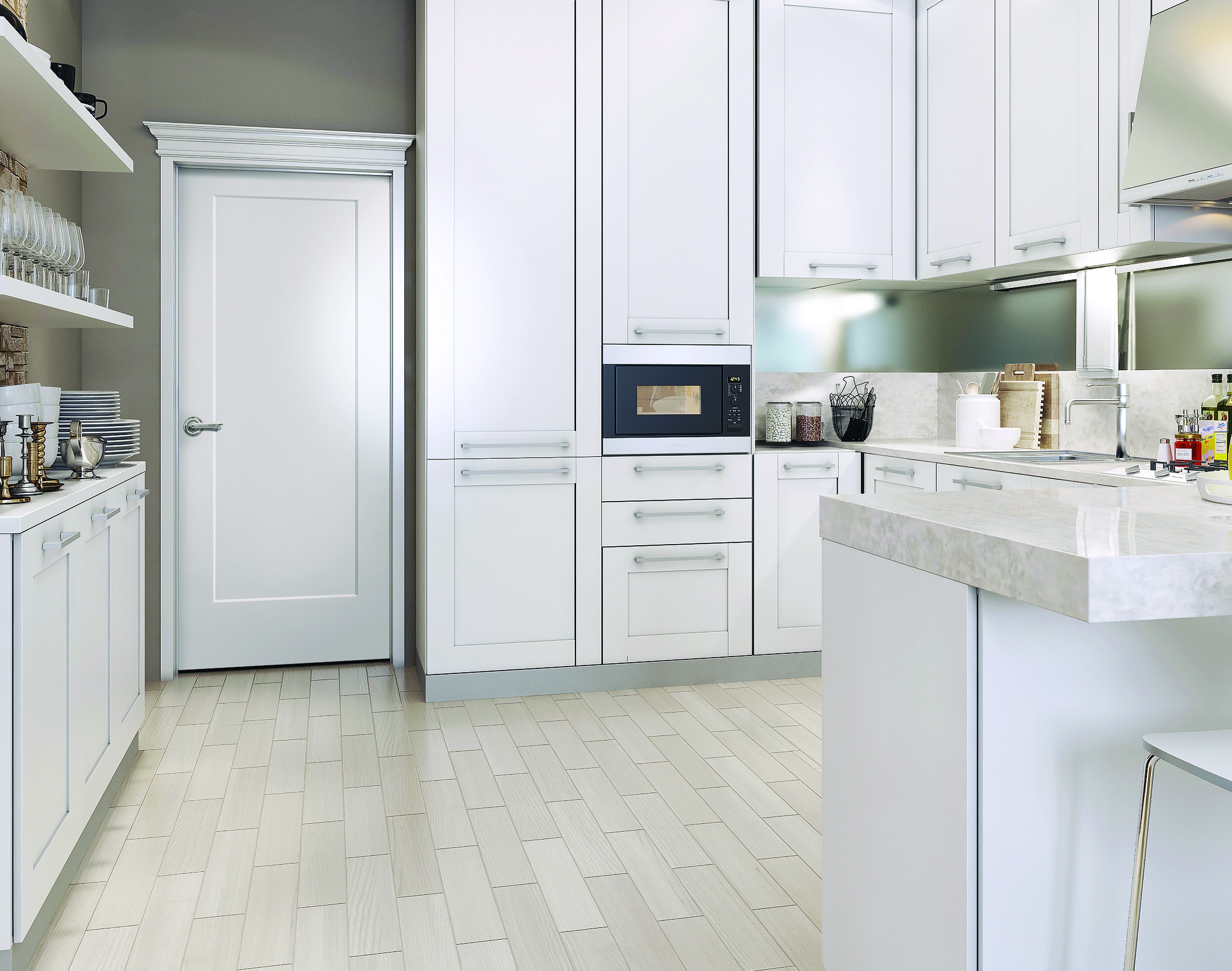 Cape Cod paneled interior door in a bright finished kitchen