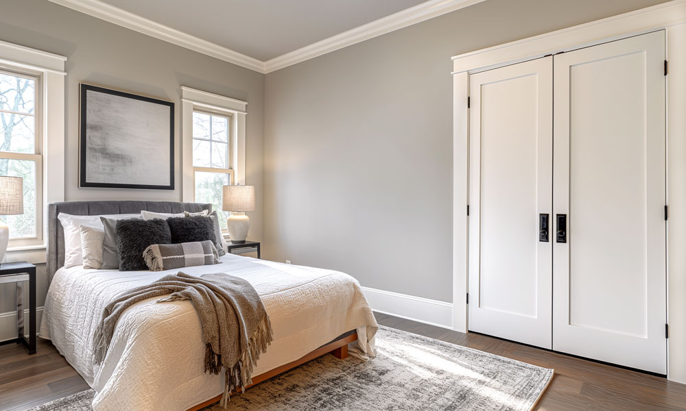 White paneled closet doors in a warm, softly styled bedroom